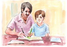 父亲和孩子做家庭作业