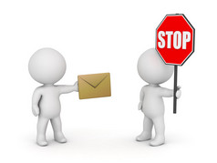 3d 人物与信封和停车标志-停止电子邮件垃圾邮件浓