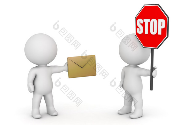 3d 人物与信封和停车标志-停止电子邮件垃圾邮件浓