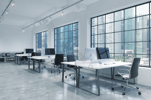 工作场所中明亮的现代阁楼打开空间办公室。表均配备现代计算机;书架上的书。新加坡全景视图。一个高质量的咨询服务的概念。3d 渲染.