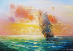 日出时的帆船。绘画.