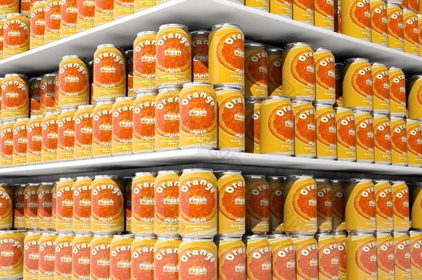 3d 渲染与橙汁饮料罐的<strong>超市</strong>货架上的特写.