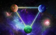 三个行星相互关联的线的关于宇宙的知识背景光