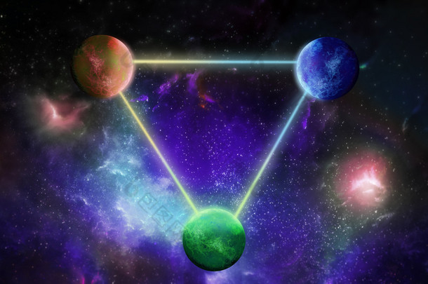 三个行星相互关联的线的关于宇宙的知识背景光
