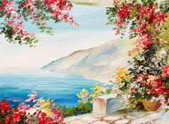 房子附近有海、 五颜六色的鲜花、 夏天海景油画