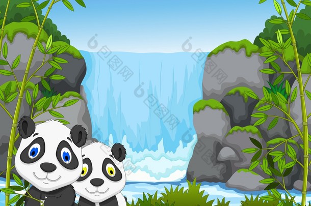 可爱的卡通熊猫瀑布背景