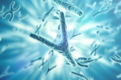 染色体上的科学背景。生活和生物学，医学科学概念与焦点效果。3d 渲染