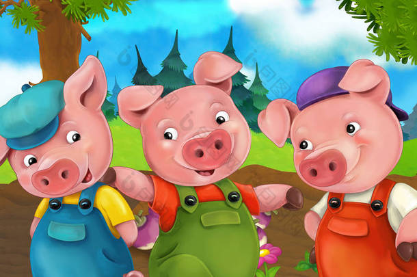 卡通场景三个猪兄弟你打算在山上-儿童插画的旅行