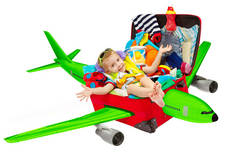 孩子旅行手提箱的飞机，飞机行李的孩子
