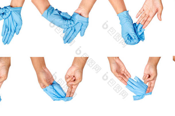 扔掉了蓝色的一次性手套的手一步.