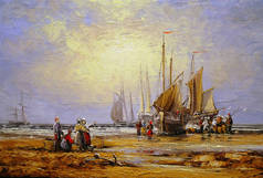 油画海洋景观, 渔夫, 美术, 船, 船.
