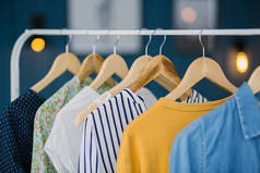 衣服挂在木衣架上的服装店与家庭色调。购物和消费概念