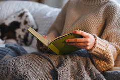 妇女读一本书, 坐在舒适的椅子与 kn 它在壁炉前, 冬季舒适的概念, 柔和色调的形象.