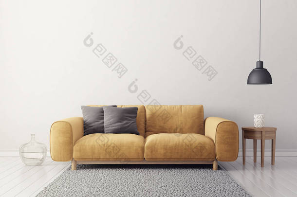 带黄色沙发的现代起居室。斯堪的纳维亚<strong>室内设计</strong>家具。3d 渲染插图
