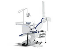 牙科设备为牙医蓝色后面与扶手椅和床头桌与工具3d 渲染白色背景与阴影