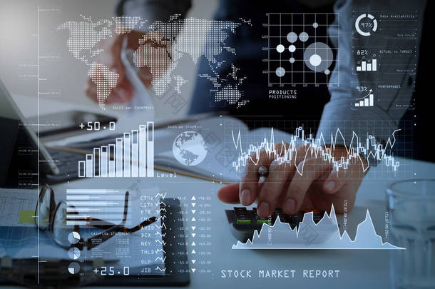 投资者分析股票市场报告和财务仪表板与商业智能 (Bi), 与关键<strong>绩效指标</strong> (Kpi). 商人手工作与财务有关成本和计算器.