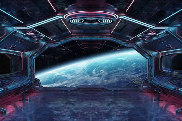 垃圾飞船蓝色和粉红色的内部与地球上的看法3d 渲染元素的这张图片由 Nasa 提供