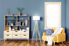 客厅的现代室内与木制橱柜和黄色扶手椅3d 渲染
