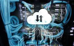 云数据存储概念的服务器室背景。服务器机房背景下的云数据存储概念.