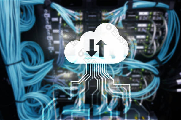 云数据存储概念的服务器室背景。服务器机房背景下的云数据存储概念.
