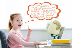 红发学童学习书籍和笔记本电脑, 并指出在语音气泡不同语言的单词