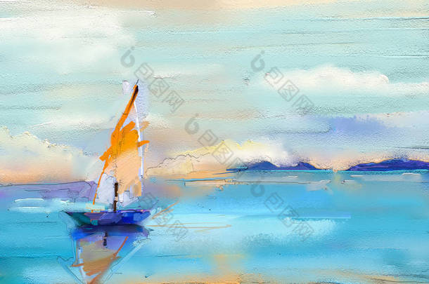 色彩艳丽的<strong>油</strong>画在帆布纹理上.具有阳光背景的海景绘画的印象派形象。现代<strong>油</strong>画与船，航行在海上。背景的当代艺术摘要