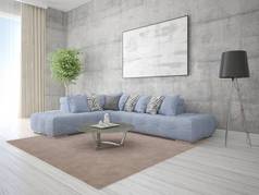 模拟客厅与一个舒适的角落沙发和一个大的时尚框架.