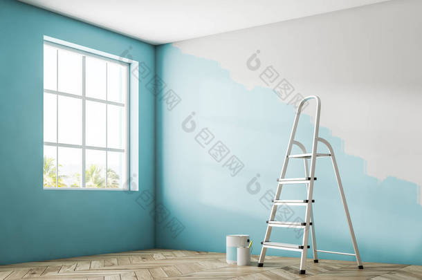 空房间的角落里有一扇大窗户, <strong>一层</strong>木地板和半漆的蓝色墙。一把梯子和一罐油漆。3d 渲染模拟