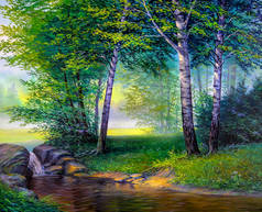 油画山水, 五彩缤纷的夏日森林, 美丽的河流与瀑布
