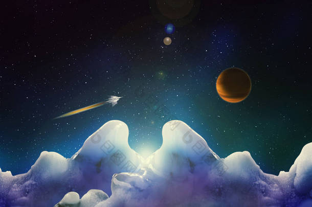 从一艘宇宙飞船上的蓝色未知的冰行星上观看, 飞行到太空中的黄<strong>红色星球</strong>, 其他世界的抽象例证