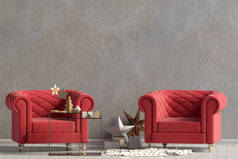 现代圣诞室内带椅子, 斯堪的纳维亚风格。墙上的模拟。3d 插图