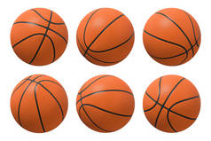 3d 在白色背景下以不同角度显示的六个篮球的渲染.