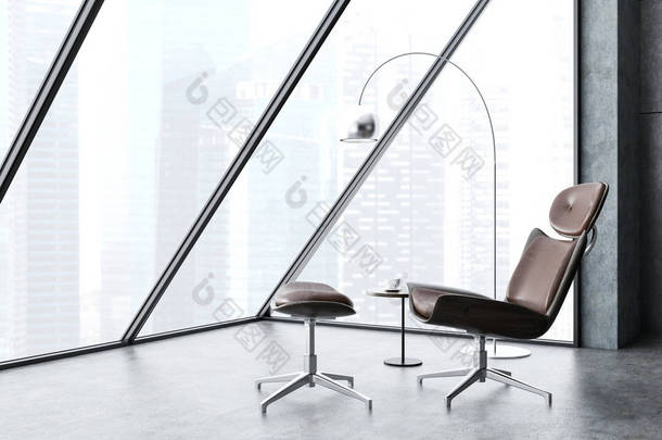 未来 ceo 办公室内饰与全景窗口, 灰色墙壁和地板和时尚的真皮扶手椅旁边的圆形咖啡桌和原<strong>装灯</strong>。城市景观.3d 渲染
