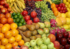 背景新鲜采摘的苹果, 梨, 香蕉, 葡萄, 草莓, 蔓越莓, 柠檬, 瓜, 覆盆子, 醋栗, 黑莓, 桃子, 醋栗, 杏子, 桃子