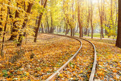 铁路曲线穿过美丽的橙色森林。温暖的秋季旅行背景。季节性旅行概念