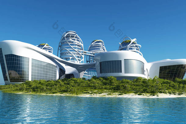 未来的海洋城市3D渲染