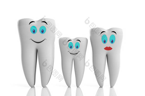 家庭牙齿健康概念。清洁闪亮的牙齿<strong>模型</strong>, 在白色背景上隔离表情符号。3d 插图
