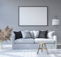 模拟海报框架在家庭内部背景, 斯堪的纳维亚波希米亚风格的客厅, 3d 渲染