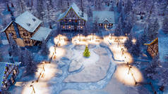 在雪夜的雪天里, 在雪的广场上, 舒适的雪景覆盖了欧洲村庄, 有半木结构的房屋和装饰好的圣诞树。我的3d 渲染文件中的节日3d 插图.