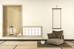 室内空房间扶手椅日本风格。3D渲染