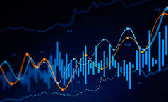 财务图表和深蓝色背景的图表.股票市场的概念。3D渲染色调图像双曝光
