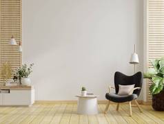 客厅里简约的室内设计，扶手椅和白墙桌子。 3D渲染