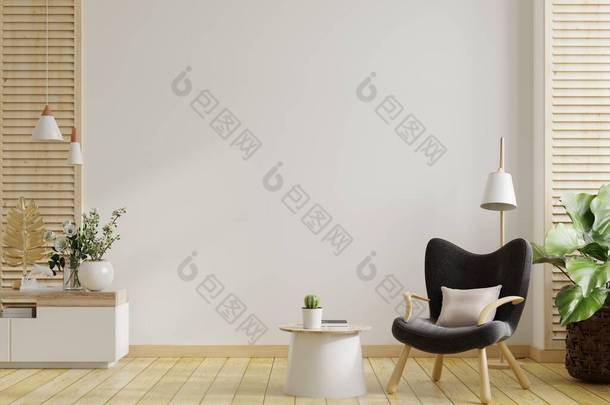 客厅里简约的<strong>室内设计</strong>，扶手椅和白墙桌子。 3D渲染