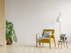白色墙内客厅的黄色扶手椅和一张木制桌子。