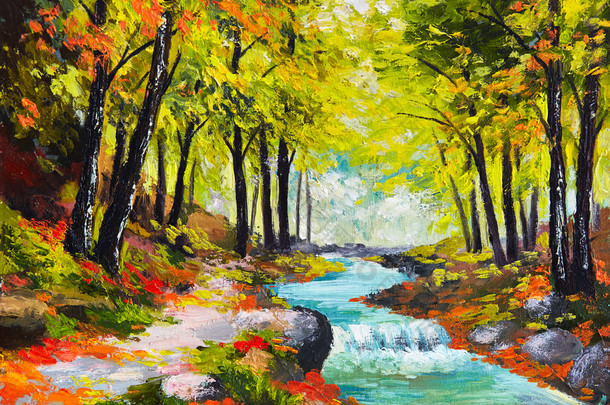 <strong>风景油画</strong>-秋天的树林中的河