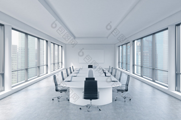 A bright modern panoramic meeting room in a modern office with Singapore view. The concept of the me
