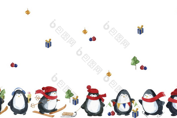 无缝的水彩图案。可爱的小企鹅为圣诞节<strong>做准备</strong>.