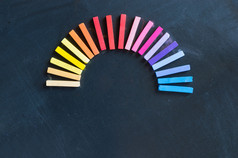 彩虹的排队的彩色粉笔在黑板上的圆圆形