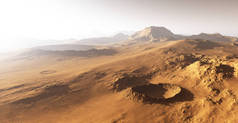 火星上的沙尘暴火星上的日落。有陨石坑的火星景观
