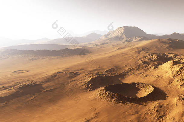 火星上的沙尘暴火星上的日落。有陨石坑的火星景观